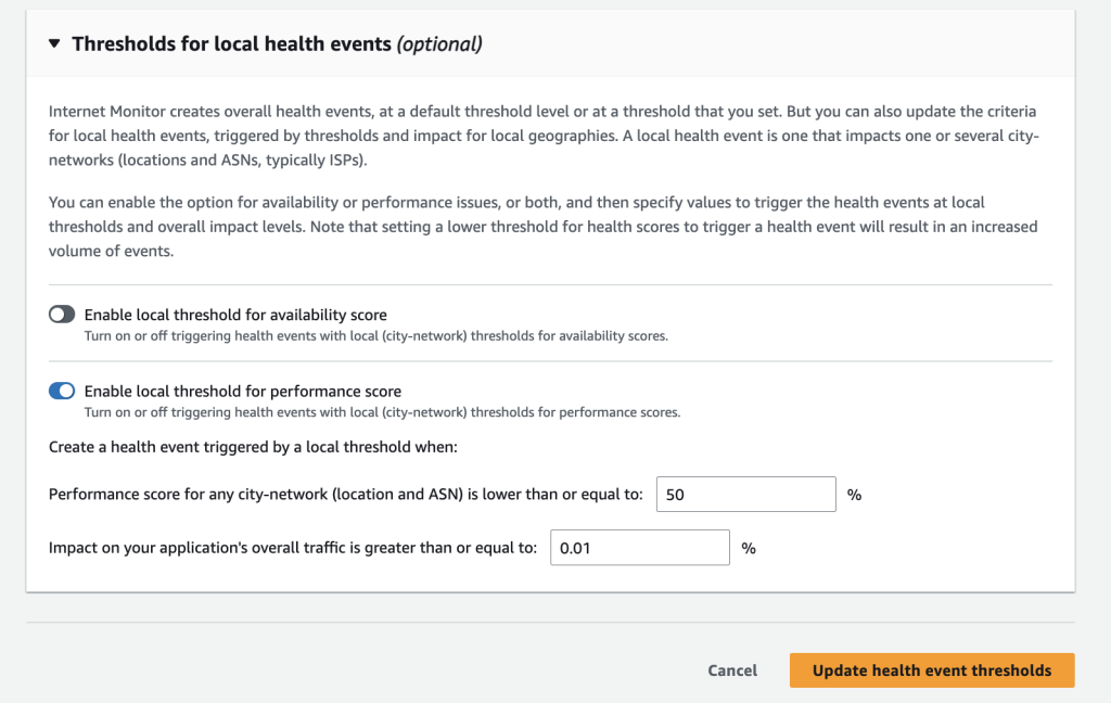 Screenshot of Thresholds for local health events section of the dialog box for updating thresholds, with the toggle Off for availability score.