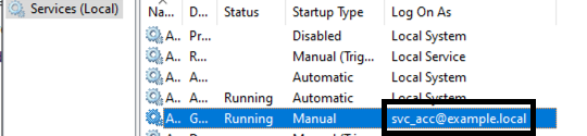 Screenshot of services management console showing the Log On As user being an Active Directory user