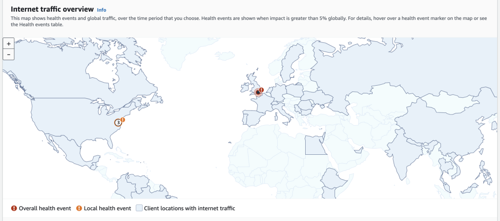 Screenshot showing health events triggered by local and overall thresholds, as shown on the traffic map on the Overview page