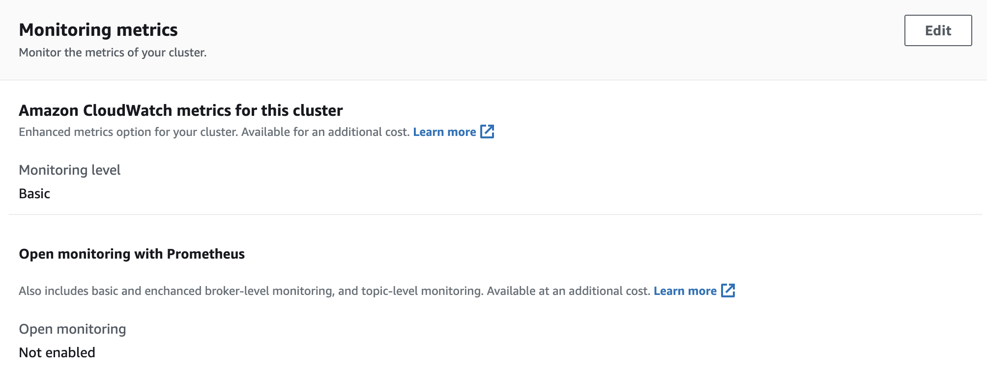 Monitoring Metrics Section inside the Properties tab of MSK Cluster.