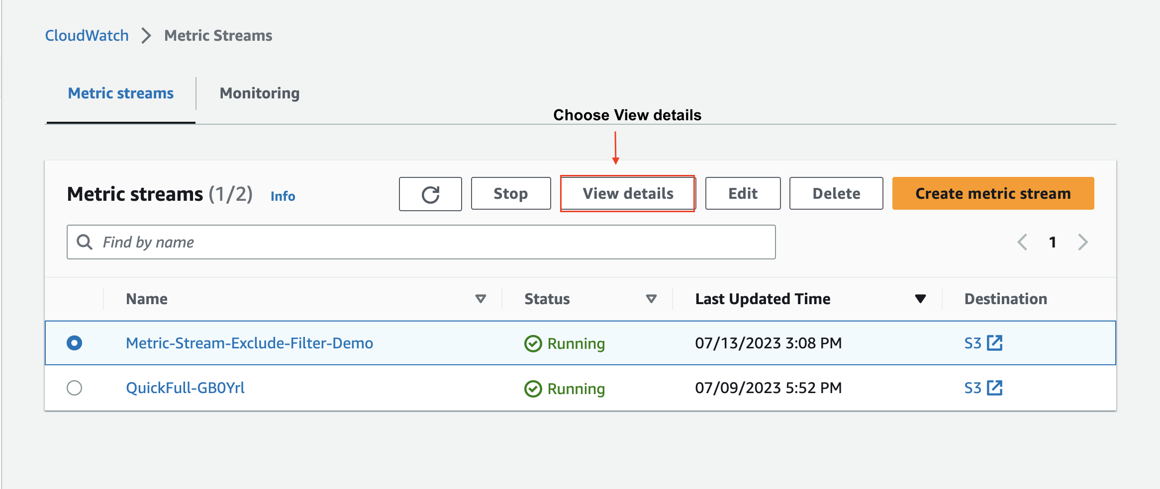 This screenshot shows the CloudWatch Metric Streams console. In particular, it shows the "List" view with the Stream that was just created via CloudFormation being selected.