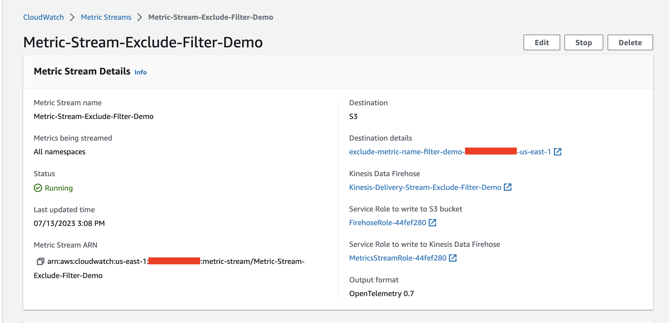 This screenshot shows the CloudWatch Metric Streams console. In particular, it shows the "Detail" view for the Stream that was just created via CloudFormation.