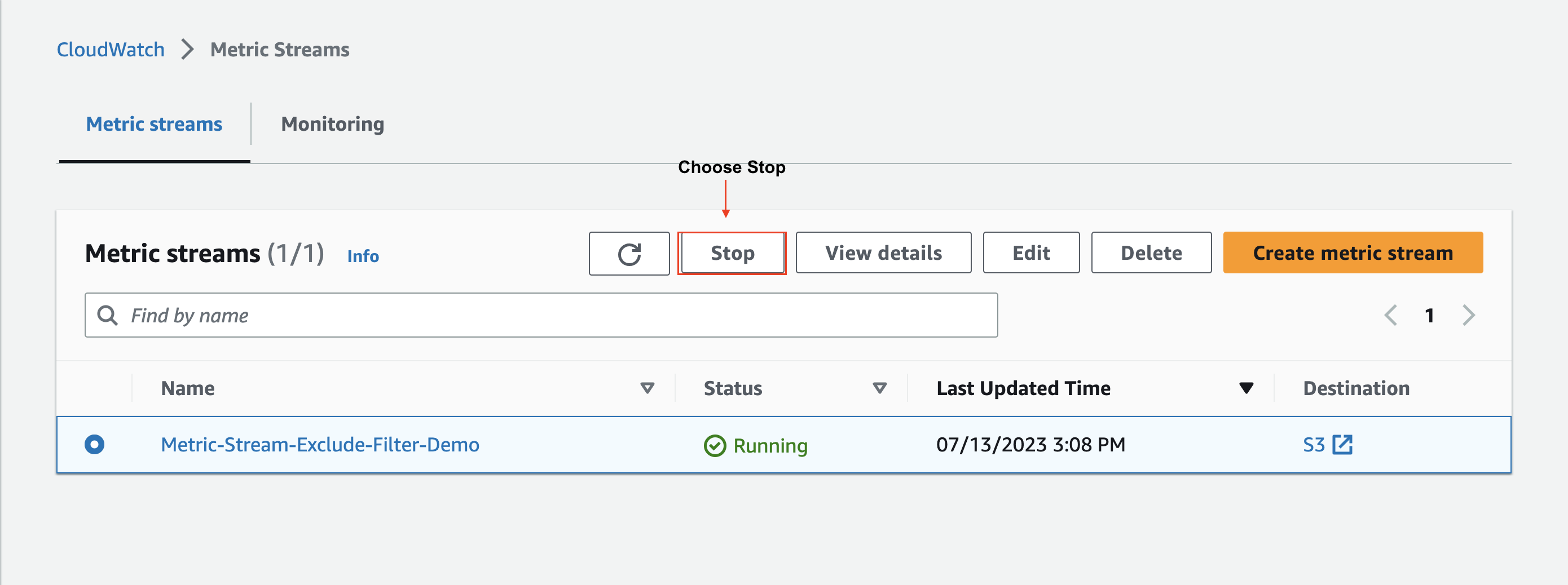 This screenshot shows the AWS CloudFormation console. In particular, it shows the Detail view of the Stack we created before. It highlights the "Outputs" tab, and within the Output tab, the S3 bucket name that acts as destination of the stream created.