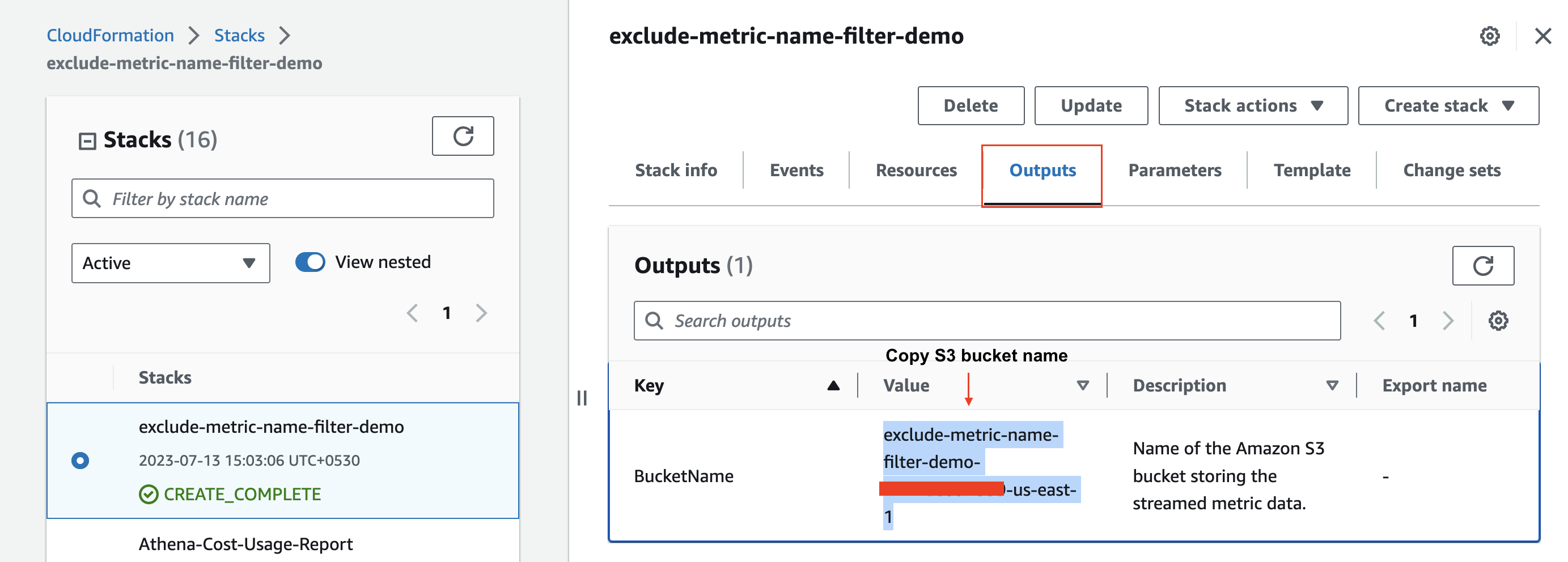 This screenshot shows the Amazon S3 console. In particular, it shows the the "Detail" view of the Amazon S3 console with the bucket that acts as destination of our Stream being selected. It highlights the "Empty" button we need to click on for emptying the bucket.