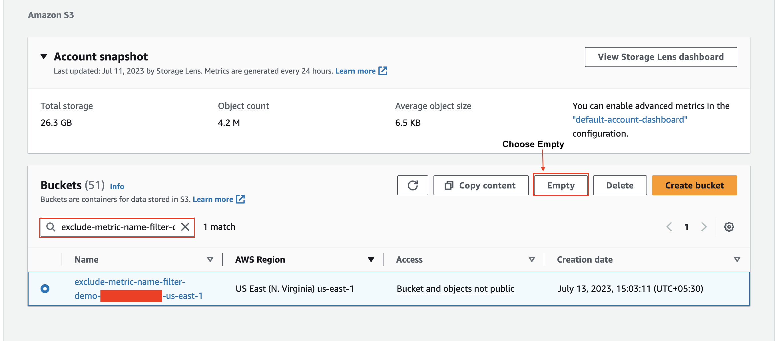 This screenshot shows the AWS CloudFormation console. In particular, it shows the "Detail" view of the Stack we created before and highlights the "Delete" button we have to click on in order to delete the Stack.