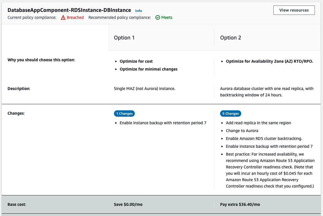 The resilience recommendations for the database component