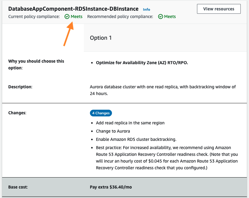 The resilience recommendations for the database component after implementing recommendations