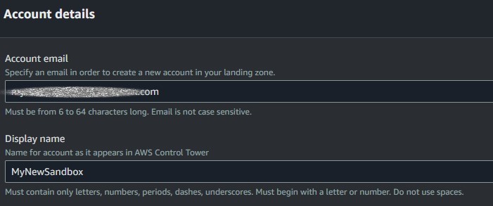 Figure 10, Sandbox account Account details. The Account details screen has an Account email textbox and a Display name textbox.