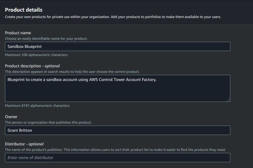 Figure 6, Blueprint product details in Service Catalog. The Product details screen has a Product name text box, Product description text box, Owner text box, and Distributor text box.