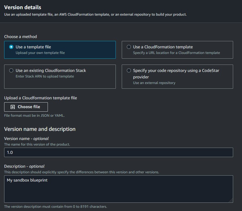 Figure 7, Uploading template for blueprint. The Version details screen has a Choose a method section where you pick Use a template file. There is an upload button in the middle that says Choose file where you will upload the YAML template. The last section has a text box for Version name and another for Description.