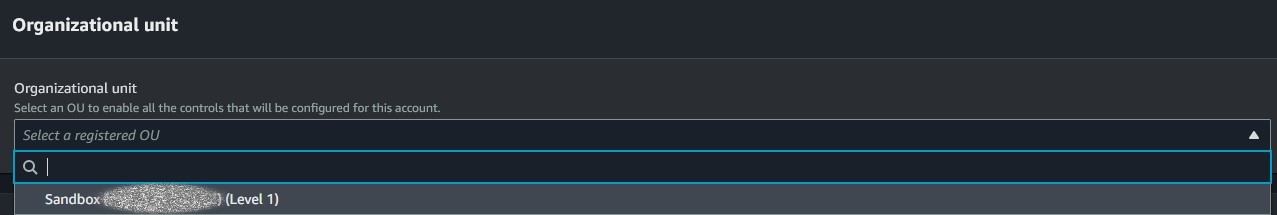 Figure 12, Select the Sandbox OU for your new account. The Organizational unit section of the screen has a dropdown list where you will select the Sandbox OU or other OU you want to use.