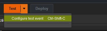 Figure 19, Test button for creating a new test event for a Lambda function. Orange test button on Lambda function screen with an option to configure test event in a drop-down menu.