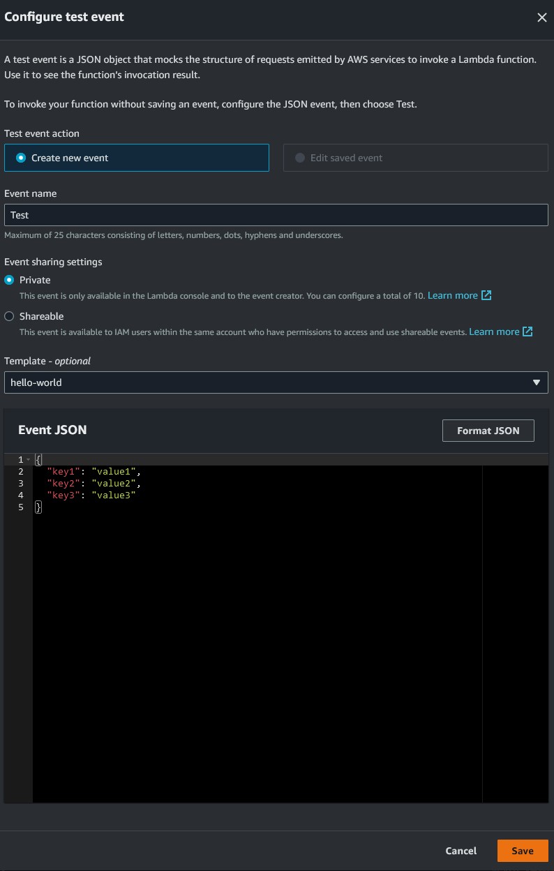 Figure 20, configure your hello world test event for the function. Test event configuration screen using the hello-world template. The radio button for create new event is selected, there is a text box for event name where Test is entered, and all other settings are unchanged.