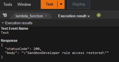 Figure 22, Run the test and look for the successful response. Execution results pane shows in a tab following the Test button after it is run. Successful result shows in the pane with a message of SandboxDeveloper role access restored.