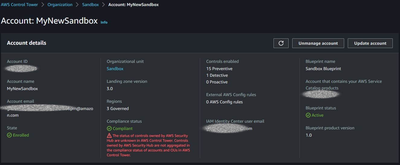 Figure 23, details of the MyNewSandbox account in AWS Control Tower. MyNewSandbox account details screen in the Organization section of Control Tower. Shows various account details with an Unmanage account button in the upper left that needs to be selected for the previous instruction.