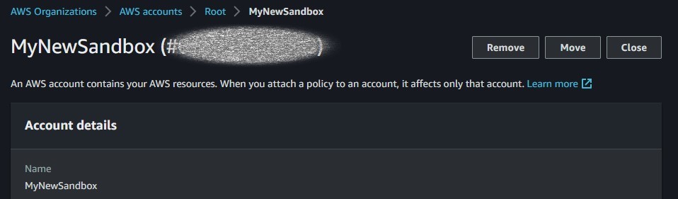 Figure 24, MyNewSandbox account details in AWS Organizations. Account details of the MyNewSandbox account in AWS Organizations with a Close button in the top right corner that needs to be selected for the previous instruction.