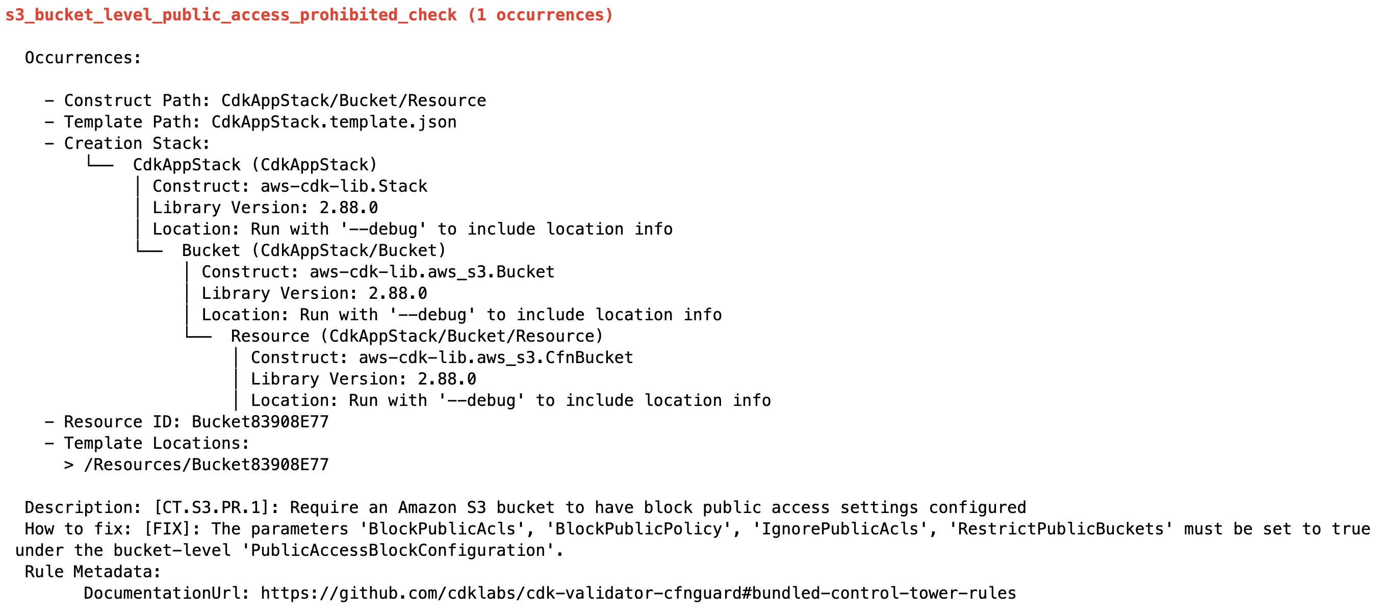 Output for control violation of S3 bucket failing to configure block public access (BPA)