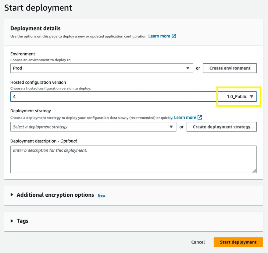 Figure 3. Deploying a Configuration Profile. In the version dropdown, you can see the Version Label you have added next to the version number