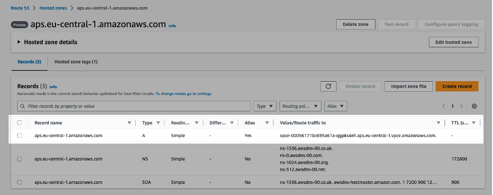 Figure 6.1: Route 53 Private Hosted Zone for AMP service endpoint aps.eu-central-1.amazonaws.com