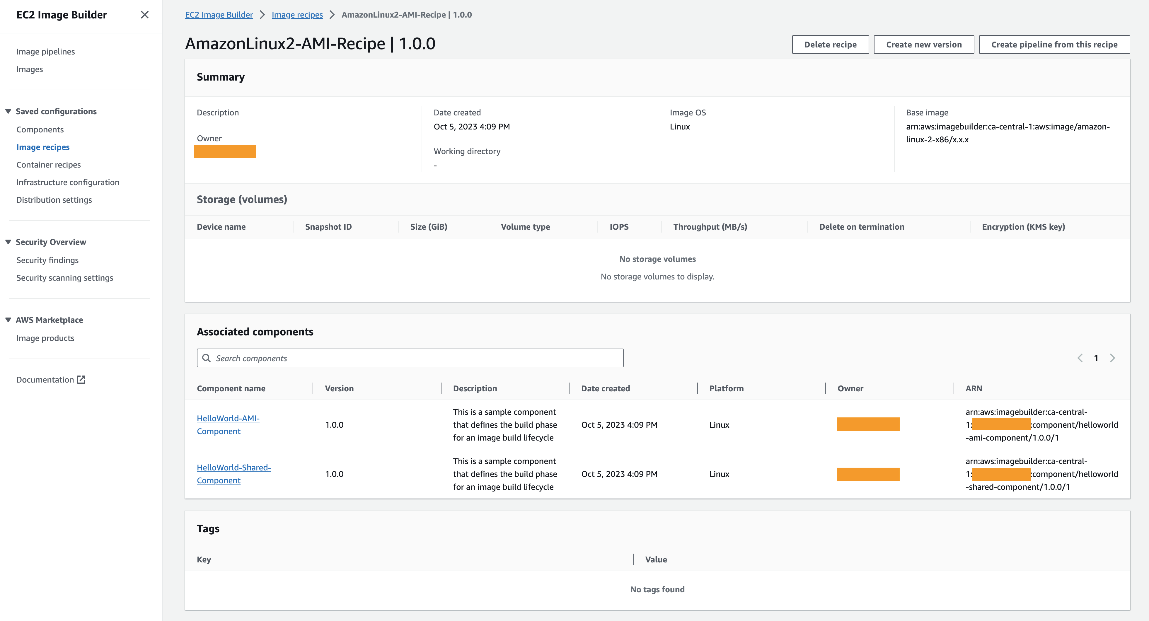 Sample image recipe with associated components