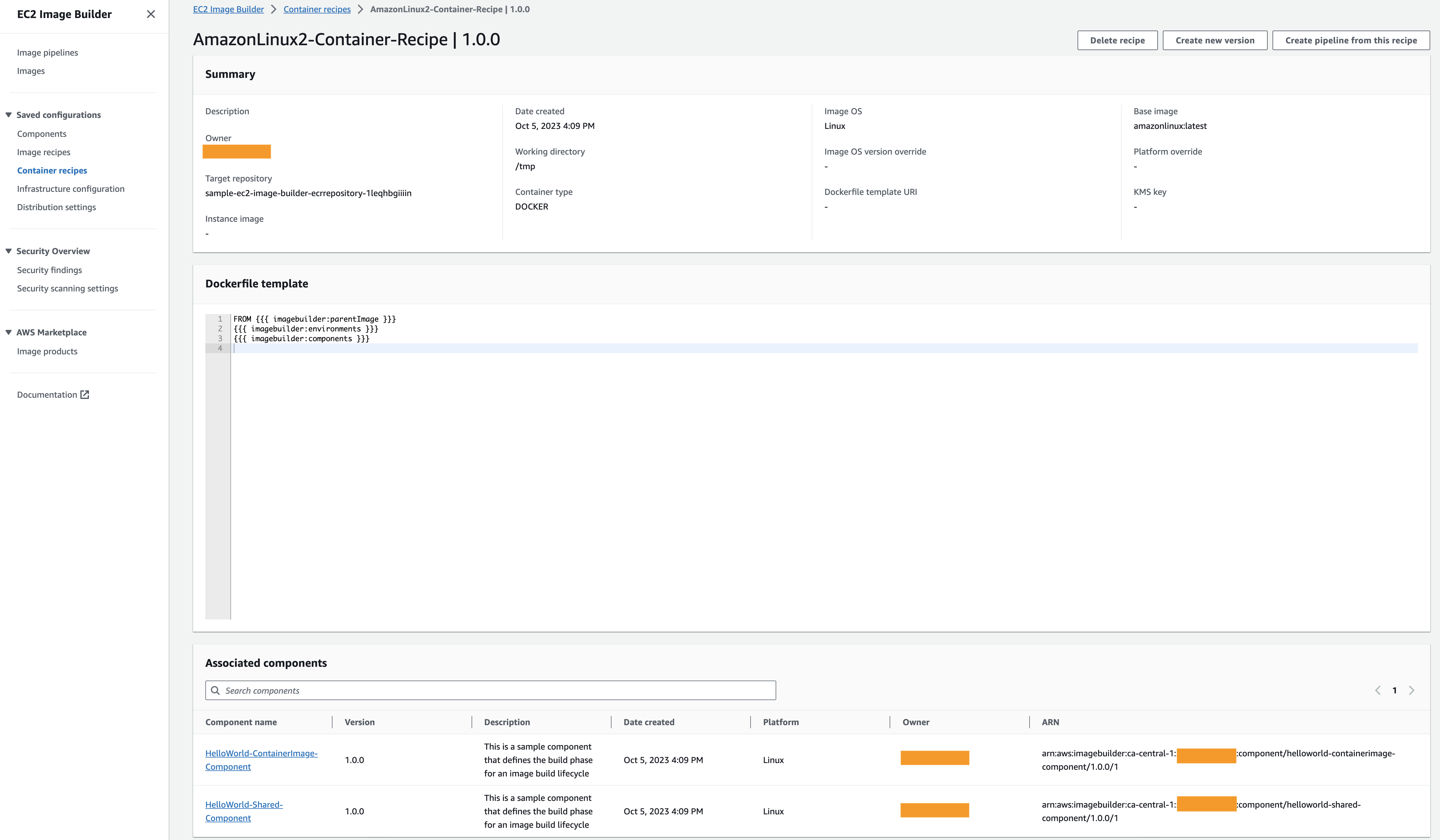 Sample container recipe with associated components