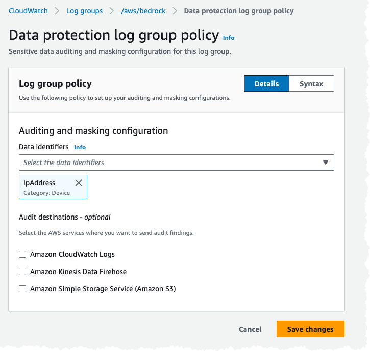 Configuration of a Data protection log group policy