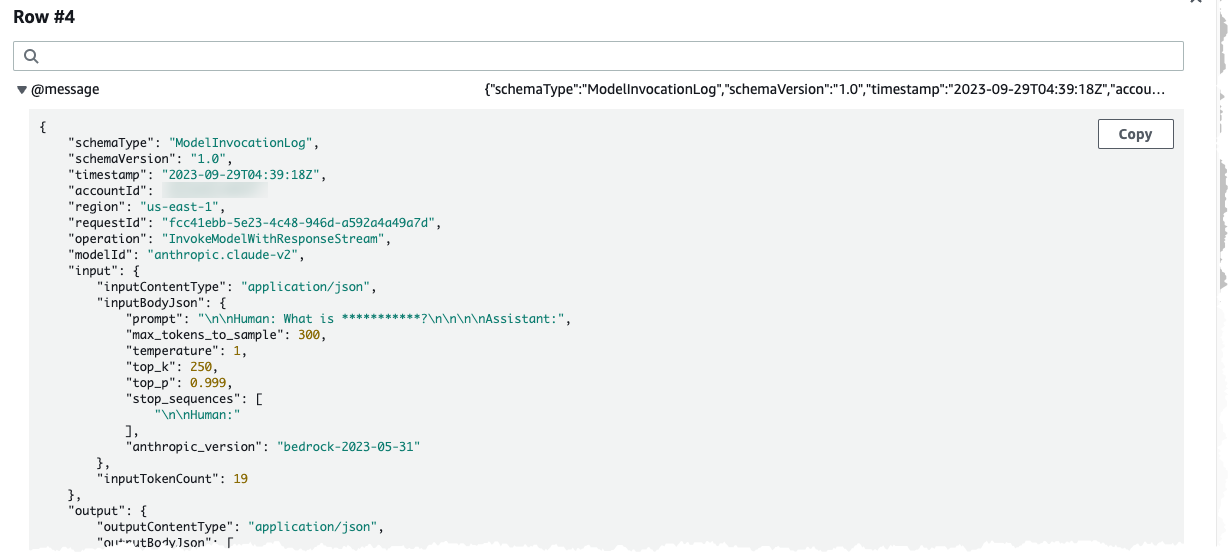 Log event for a single model invocation in JSON with the IP Address masked in the prompt field