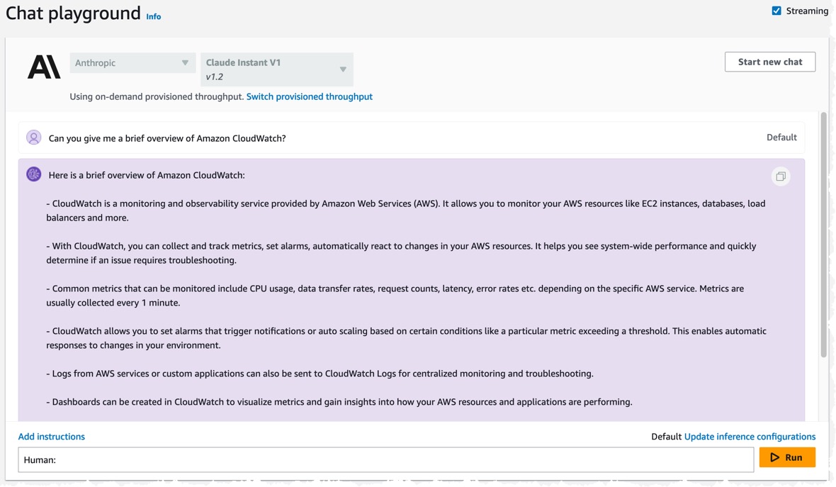 Bedrock Chat playground with Claude Instant V1.2 model selected and being asked to provide a brief overview of Amazon CloudWatch