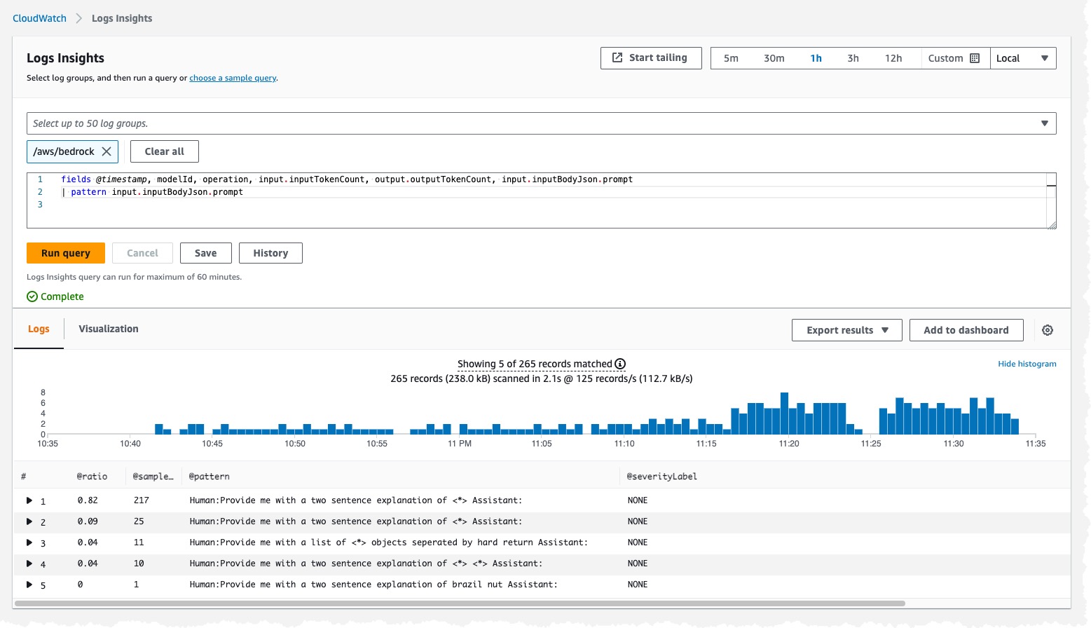 Log Insights query over a 1 hour period using the pattern command to summarize log events