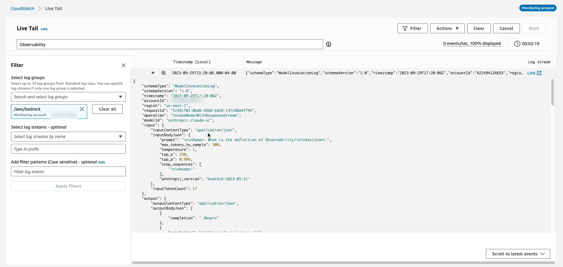 CloudWatch Logs Live Tail displaying log event from Bedrock Model Invocation Log generated by Bedrock Chat Playground. 