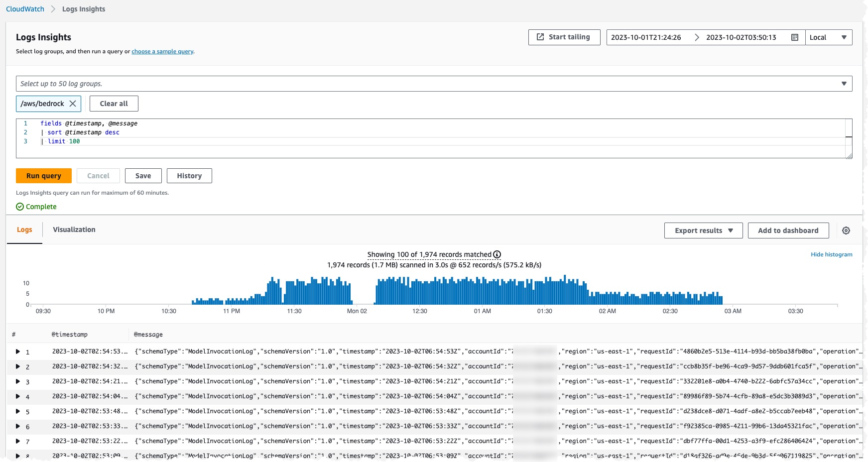 CloudWatch Log Insights query showing log events from newly created Log Group for Amazon Bedrock’s Model Invocation logging