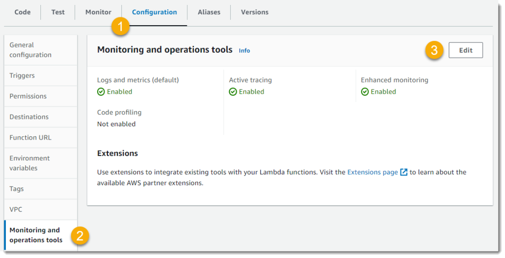 Screenshot showing which monitoring tools are enabled for a Lambda function.