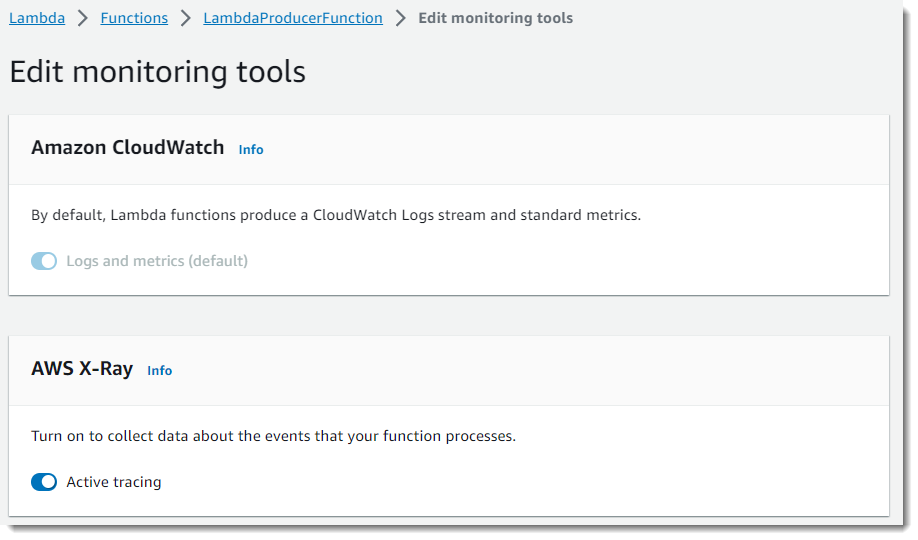 Screenshot of toggle used to enable AWS X-Ray with a single click for a Lambda function.