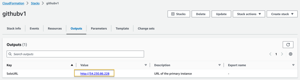 The output tab of the CloudFormation stack has GitHub Enterprise Server URL.