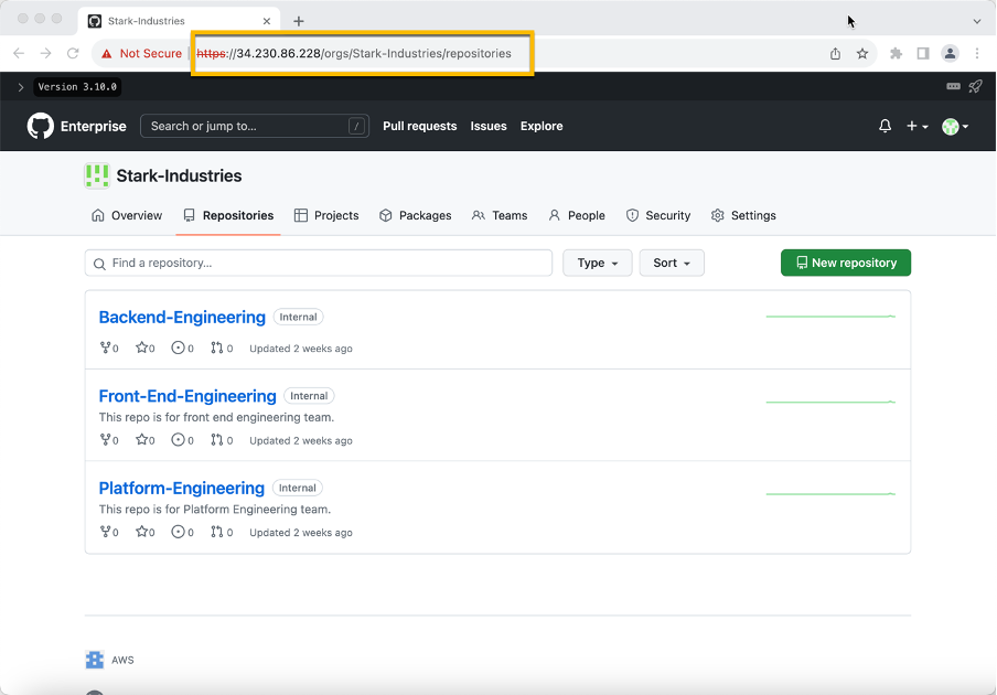 The current GHES instance has three repositories - Backend-Engineering, Front End Engineering and Platform Engineering.