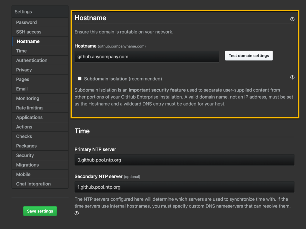 The hostname settings in GHES admin console has domain name of the GHES instance.