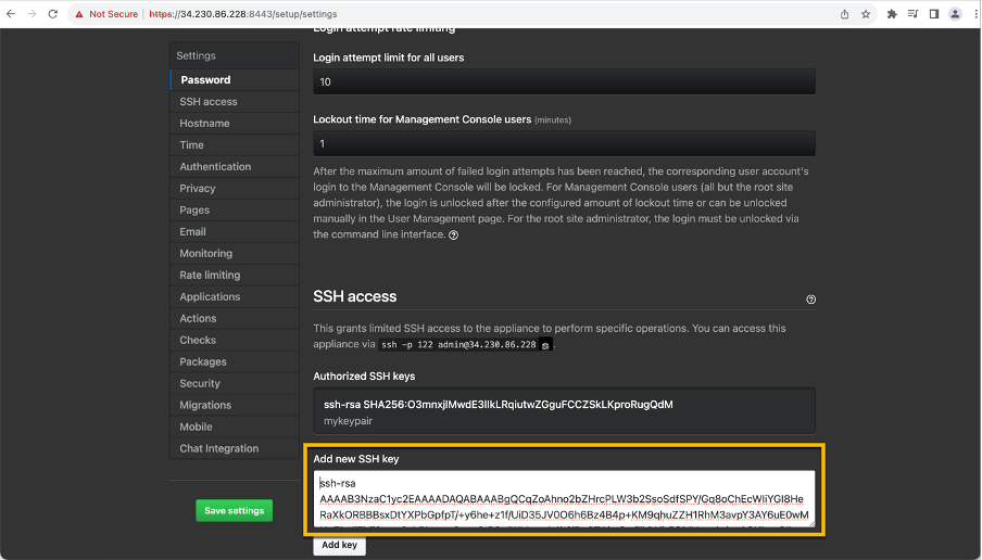 Add SSH key from backup machine to SSH access settings of new GHES instance.