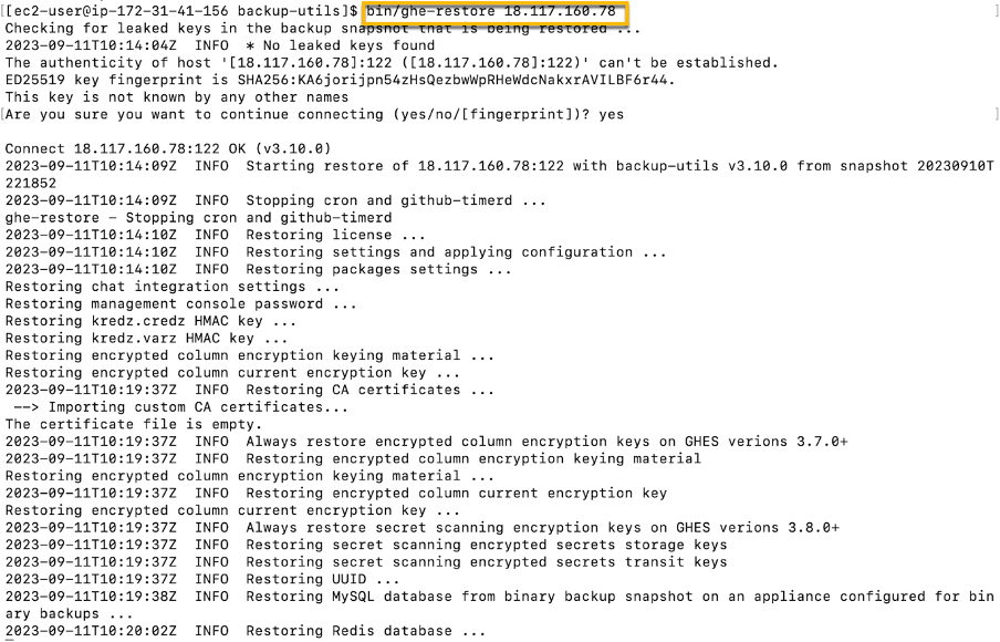 Initiate restore from backup machine by executing ghe restore command.