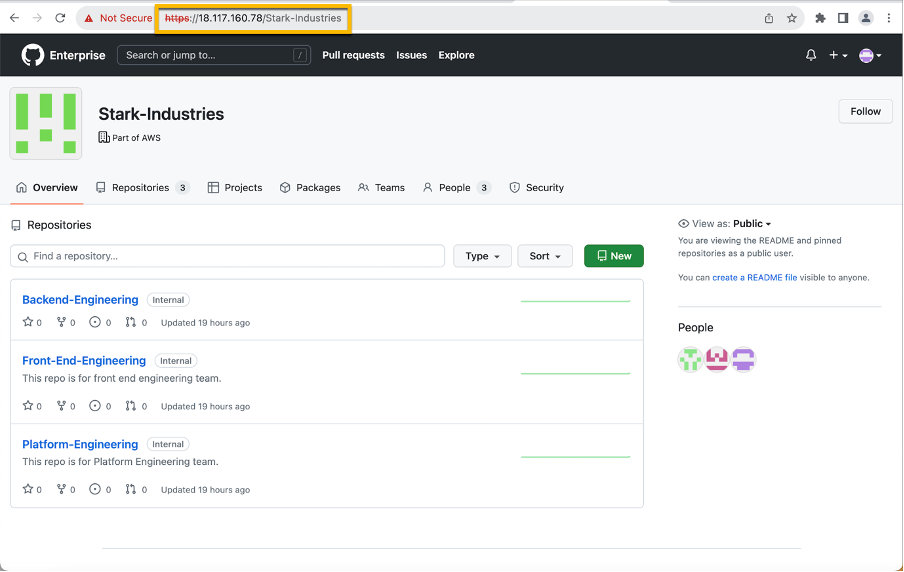 Post migration the new primary GHES instance has three repositories. Backend-Engineering, Front End Engineering and Platform Engineering.