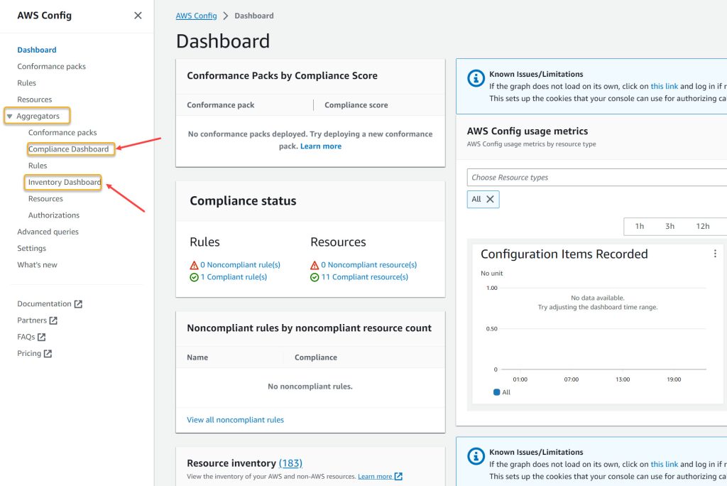 AWS Config main landing page in AWS console with Compliance Dashboard and Inventory Dashboard links highlighted