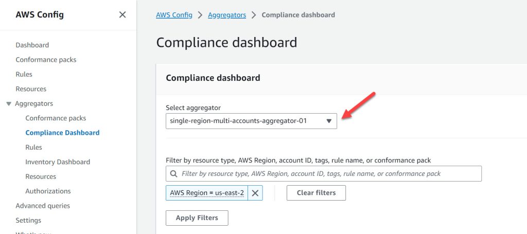 Compliance dashboard screen with “Select aggregator” menu item highlighted