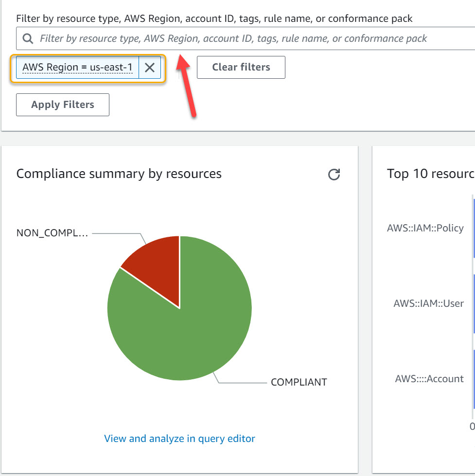 Image showing an online filter control to fine-tune an available dashboard widget. The example image shows, “AWS Region” filter to “us-east-1”