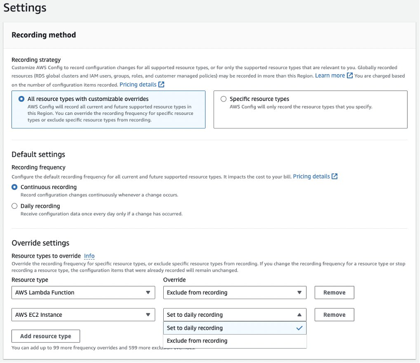 Override settings for specific resource types