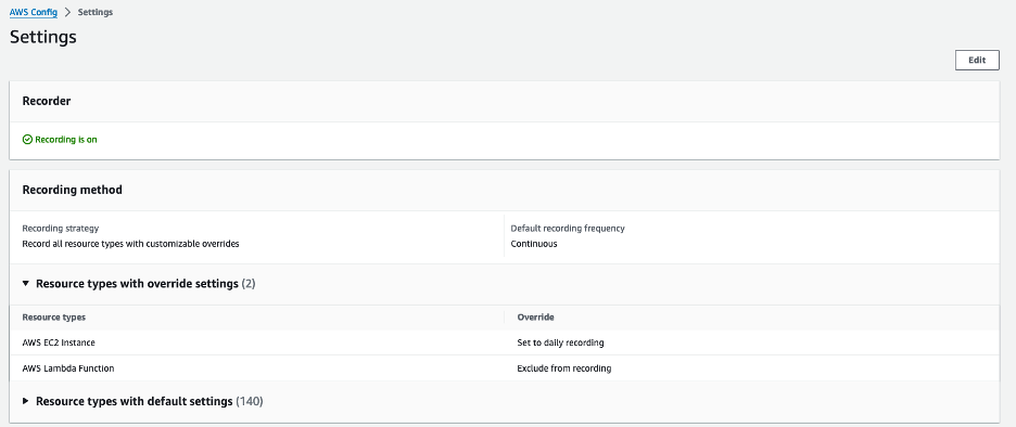 AWS Config recorder settings summary