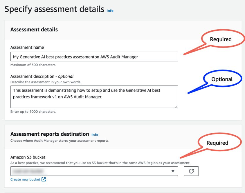 Required options for creating an assessment