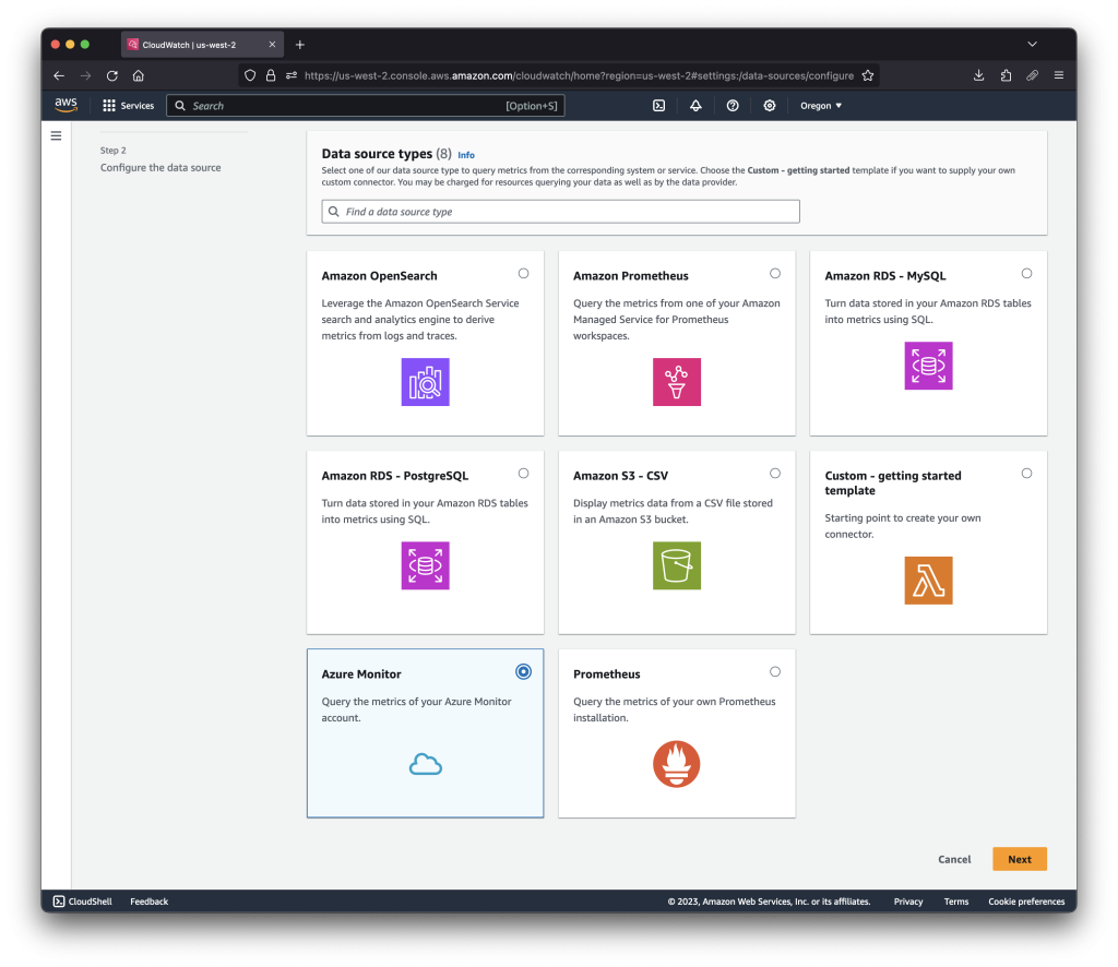 The CloudWatch metric data sources page shows icons for various integrations including Amazon RDS, Prometheus, S3, and Azure Monitor.