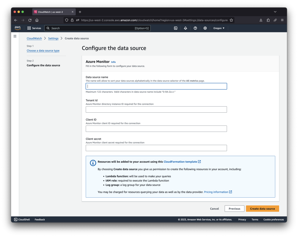 A screenshot of the data source configuration page showing fields for data source name, tenant ID, client ID (or app ID), and client secret.