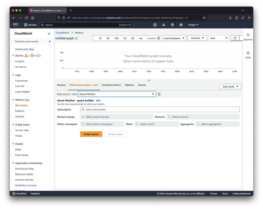 Here we see a screen cap of the visual query builder for CloudWatch metrics, with the Azure data source selected, but parameters not yet entered.