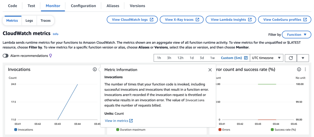 Embedded monitoring dashboard on Lambda service page