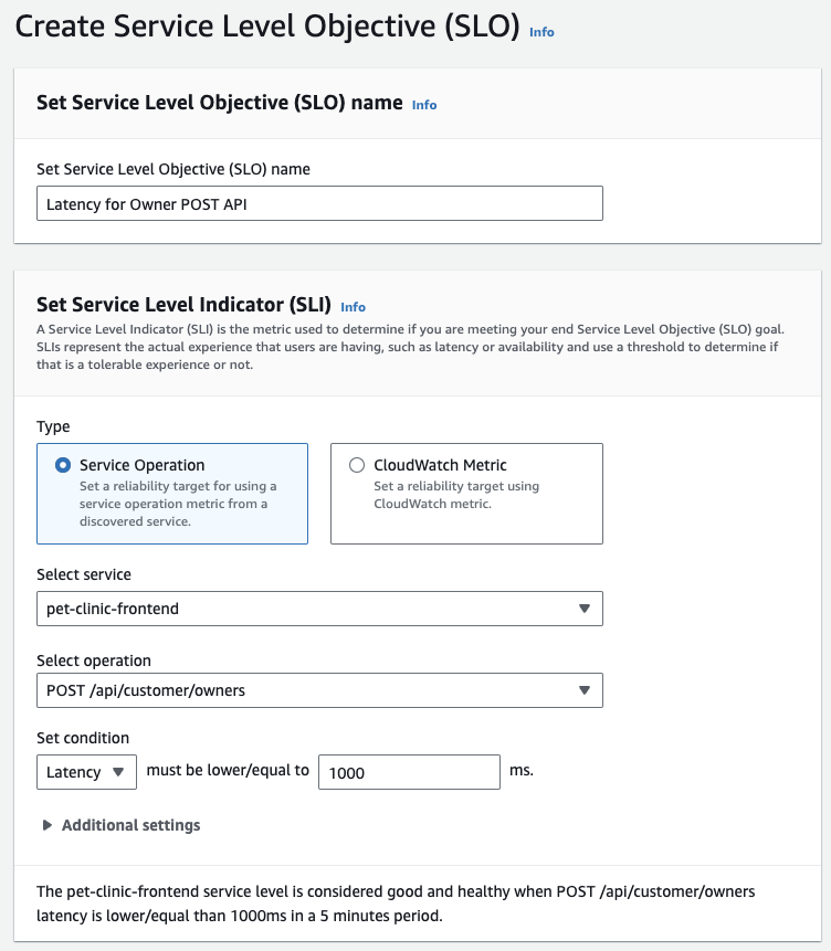 Create Service Level Objectives using a Service Operation console screen showing the types of SLIs, service and operation selection, and condition options